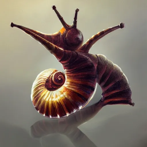 Image similar to snail with wings, oil painting, artstation, dramatic lighting, symmetry, beautiful