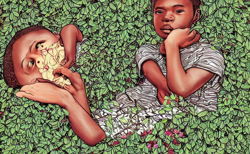 Image similar to african boy lying down in a garden - wrapped in flower vines, art by james jean, sharp, detailed, digital painting, illustration, intricate detail, pinterest, behance, art station,