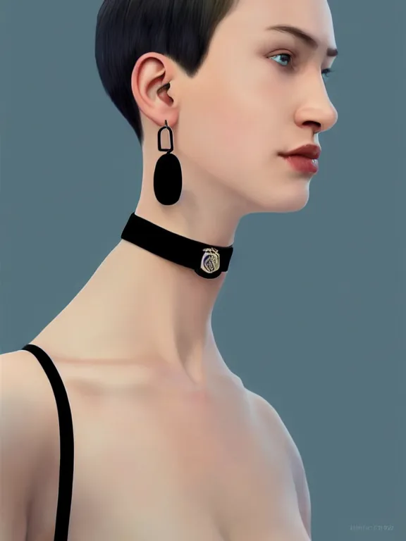 Image similar to beautiful russian girl with short pink hair and nose piercing, airpods, thin black choker, thin round earrings, winds of winter, au naturel, hyper detailed, digital art, trending in artstation, cinematic lighting, studio quality, smooth render, octane rendered, concept art, sharp focus, illustration, art by artgerm and greg rutkowski and wlop