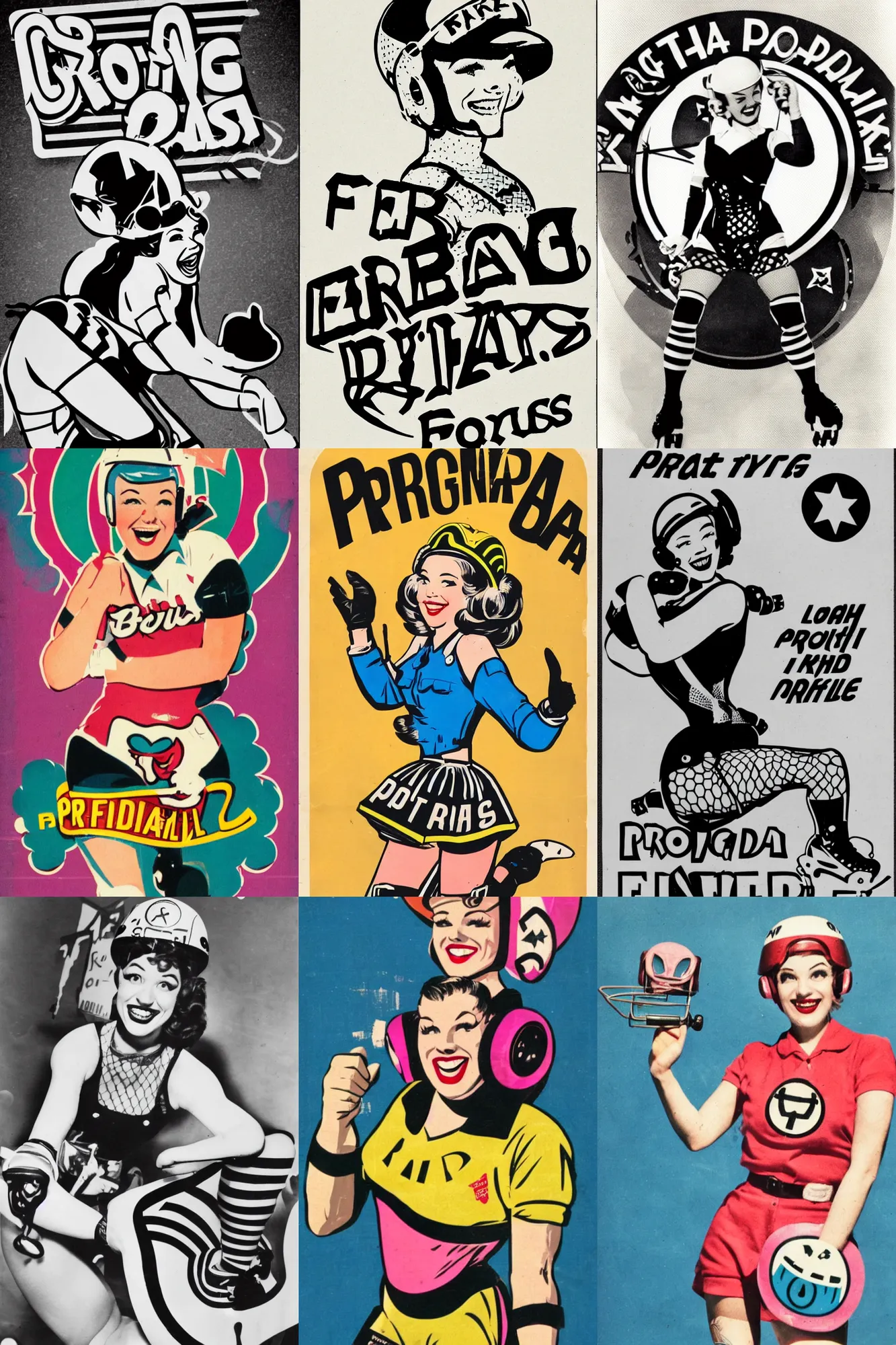 Prompt: propaganda logo, pretty roller derby girl, wearing roller derby helmet, wearing fishnets, smile 1950s