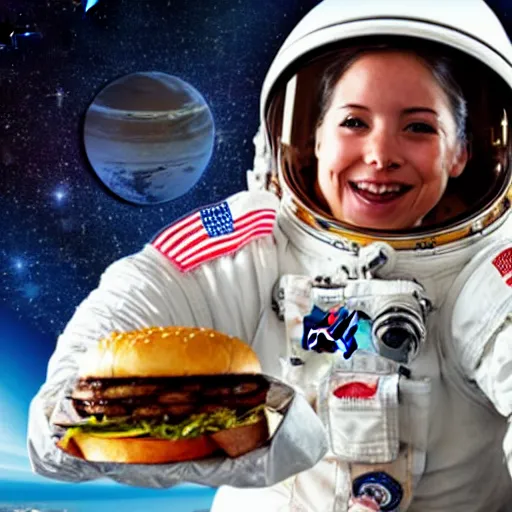 Image similar to an astronaut eating burger at space