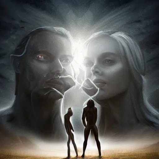 Image similar to Adam and Eve portrait in dark landscape in the style of Taras Susak , intricate, epic lighting, cinematic composition, hyper realistic, 8k resolution,