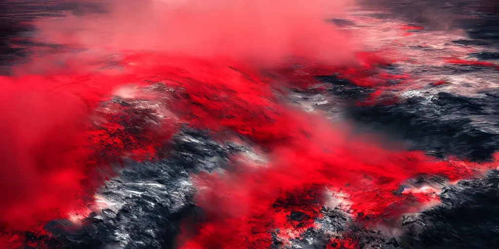 Image similar to a churning, boiling red sea with lots of smoky black and red steam, fantasy digital art, octane render, beautiful composition, trending on artstation, award-winning photograph, masterpiece