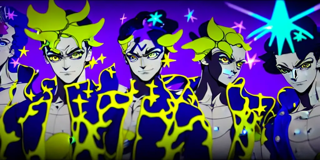 Image similar to jojo's bizarre adventure : golden wind, unreal engine 5, render, ray tracing background full of spray painted, jester plushies, crosses, and shinning stars, holography, irridescent