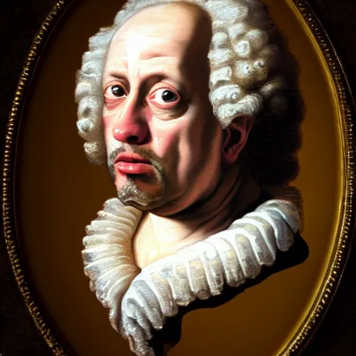 Image similar to A 17th century Baroque Painting of Gene Ween, grainy, realistic, hyperrealistic, very realistic, very very realistic, highly detailed, very detailed, extremely detailed, detailed, digital art, trending on artstation, detailed face, very detailed face, very detailed face, realism, HD Quality, 8k resolution, intricate details, body and head in frame, painting, oil painting, trending on deviantart, Baroque Painting