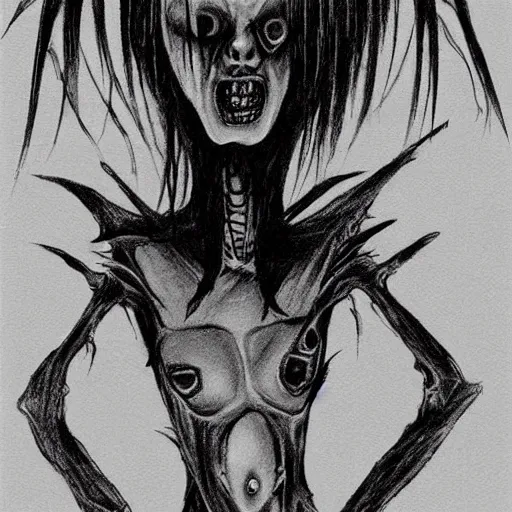 Image similar to grunge drawing of an alien in the style of the grudge | horror themed