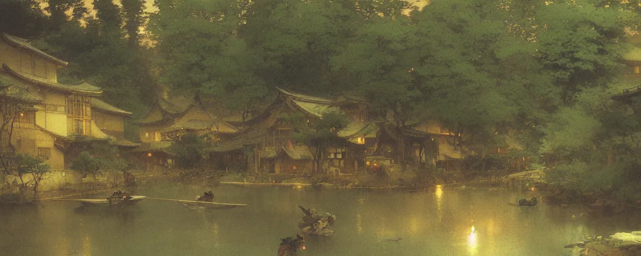 Image similar to a beautiful painting of an acient japanese town nearby a small river in the evening by alfons maria mucha and ivan aivazovsky, ultra detailed, volumetric lighting,