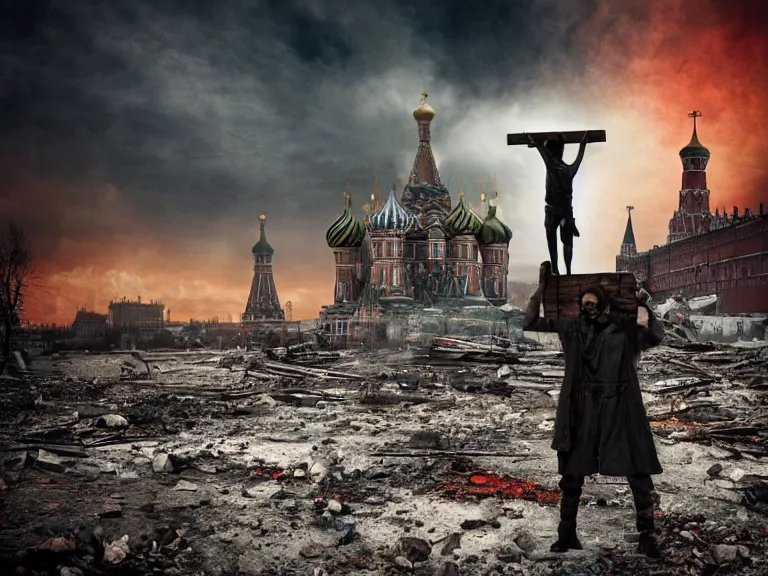 Prompt: postapocalyptic picture of a crucified man in moscow, red square, destroyed kremlin, ruins around, nuclear explosion, erik johansson style, conceptual art, the last day on the earth, insane detail hyper realistic 8 k textured