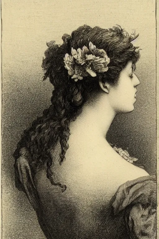 Prompt: extreme close-up, portrait of a beautiful french woman from behind with flower in the head, Gustave Dore lithography