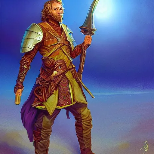 Prompt: a man holding a large blunderbuss. leather armor, no helmet. standing in a sand dune. colorful, bright, fantasy, artgerm, dnd, fantasy, rpg