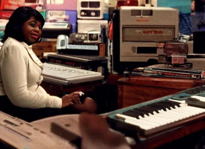 Image similar to cinematic shot of octavia spencer in an small used electronics store playing an old electronic keyboard, iconic scene from the paranoid thriller sci fi film directed by stanley kubrick, anamorphic cinematography, beautiful composition, color theory, leading lines, photorealistic, moody volumetric lighting