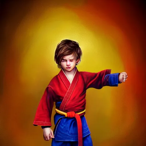 Image similar to colorful and festive captivating young child boy, brown fluffy hair, wearing red and yellow hero suit, playing jokenpo. full body, rich vivid colors, ambient lighting, dynamic lighting, 4 k, atmospheric lighting, painted, intricate, highly detailed by charlie bowater