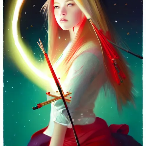Prompt: colorful and festive captivating teenager girl with blonde hair, red japanese traditional clothes, shooting a firework with bow and arrow at the sky. rich vivid colors, ambient lighting, dynamic lighting, 4 k, atmospheric lighting, painted, intricate, highly detailed by charlie bowater
