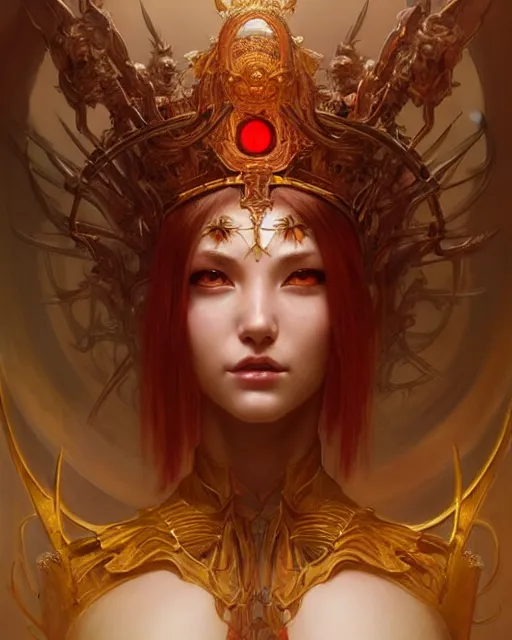 Image similar to concept art by artgerm, attractive i robot demon queen with crown and red eyes, soft natural light, intricate, elegant, highly detailed, digital painting, artstation, concept art, smooth, sharp focus, illustration, art by by gaston bussiere and greg rutkowski and alphonse mucha and uang guangjian and gil elvgren, symmetry!!