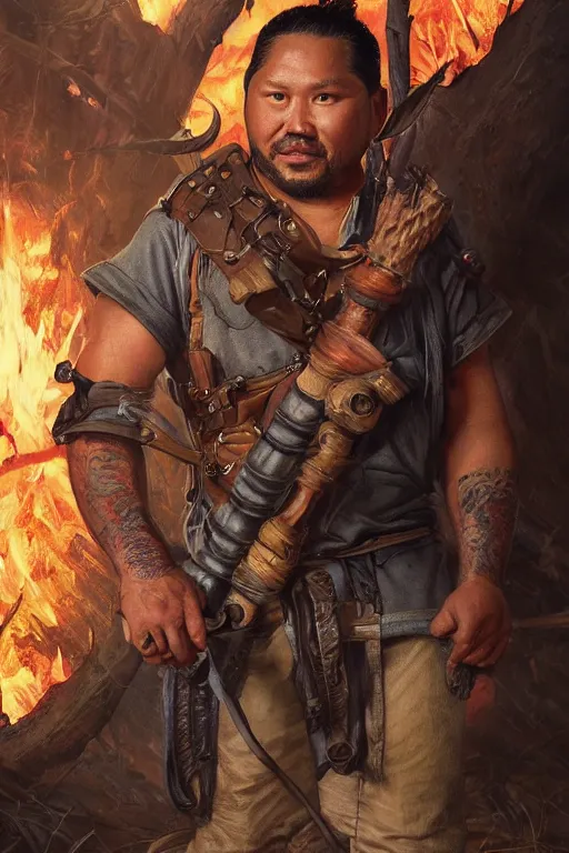 Prompt: full character concept art of doug marcaida from history channel's forged in fire, holding a kampilan, dense jungle, forge, fire and sparks, it will keall!!, detailed, high quality, dynamic lighting, dark fantasy. artwork by artgerm, wlop, alex ross, greg rutknowski, alphonse mucha