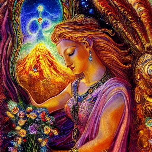 Image similar to goddess by josephine wall, checking her phone, sitting on flying golden ram, erupting volcano in distance, flowers in foreground, sunset, stars in sky, fantasy