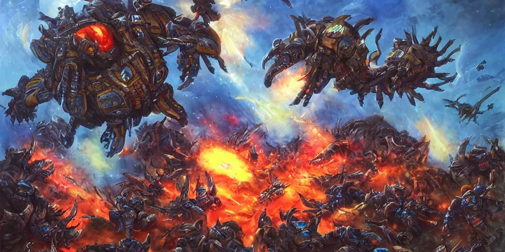 Prompt: zerglings killing the terran soldiers, set in the starcraft universe, in an epic and bloody battle, beautiful painting