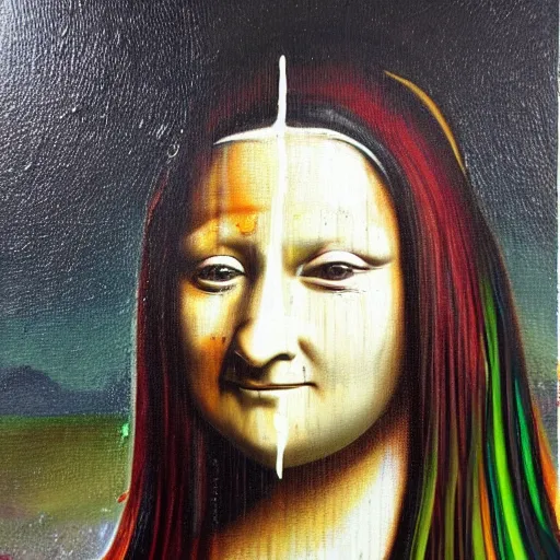 Image similar to monalisa in the style of david choe!!!!!!!!!!, oil on canvas, by david choe!!!!!!!!!!