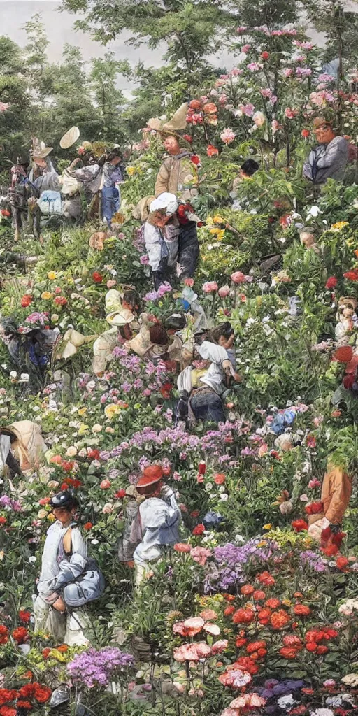 Image similar to oil painting scene from gardeners crowd in the flower garden by kim jung gi