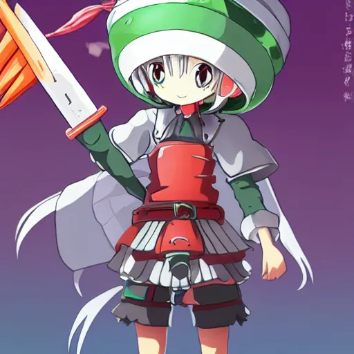 Image similar to cute android humanoid with big tomato hat and a carrot sword, made in abyss style, anime