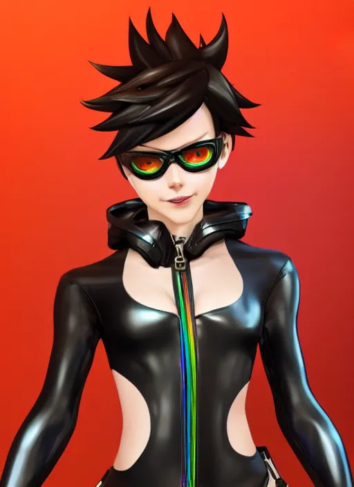 Image similar to full body digital artwork of tracer overwatch, wearing black iridescent rainbow latex swimsuit, 4 k, expressive happy smug expression, makeup, in style of mark arian, wearing detailed black leather collar, wearing chains, black leather harness, leather cuffs around wrists, detailed face and eyes,