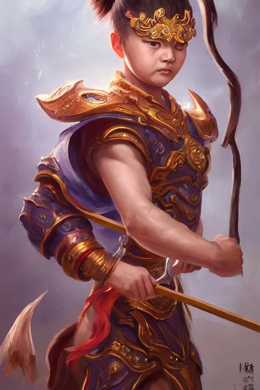 Image similar to a masterpiece portrait of nezha, handsome kid wear holding spear, fantasy character portrait, hyper detailed, digital painting, 8 k realistic, trending on artstation, sharp focus, dof, by ne zha ( 2 0 1 9 ), fenghua zhong, artgerm, ne zha from smite, tsuyoshi nagano, top lighting