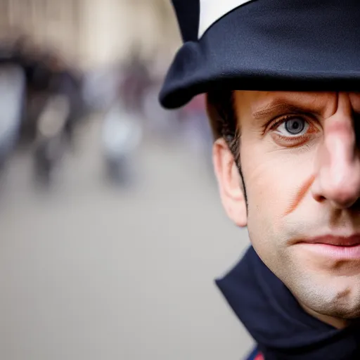 Image similar to closeup portrait of emmanuel macron dressed as napoleon in a paris street, natural light, sharp, detailed face, magazine, press, photo, steve mccurry, david lazar, canon, nikon, focus