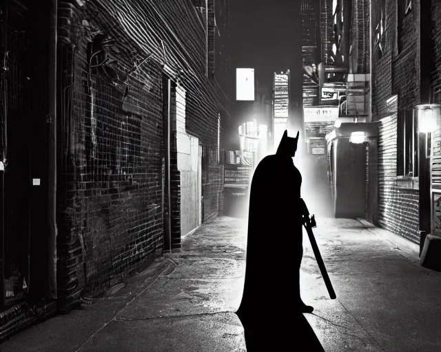 Image similar to a high definition photograph of Batman holding a lightsaber in a dark New York City alleyway at nighttime, high contrast shadows