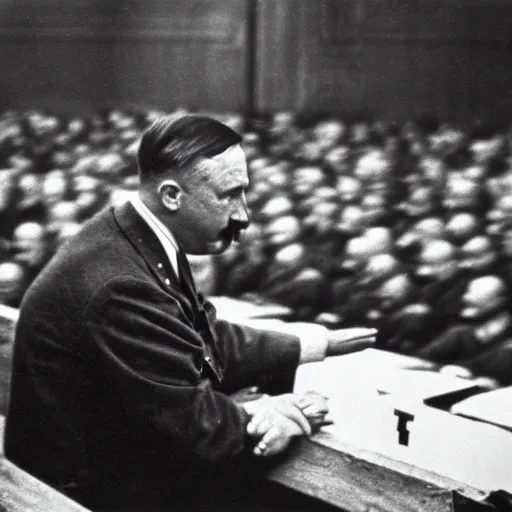 Prompt: adolf hitler in nuremberg trials, canon 3 5 mm photography