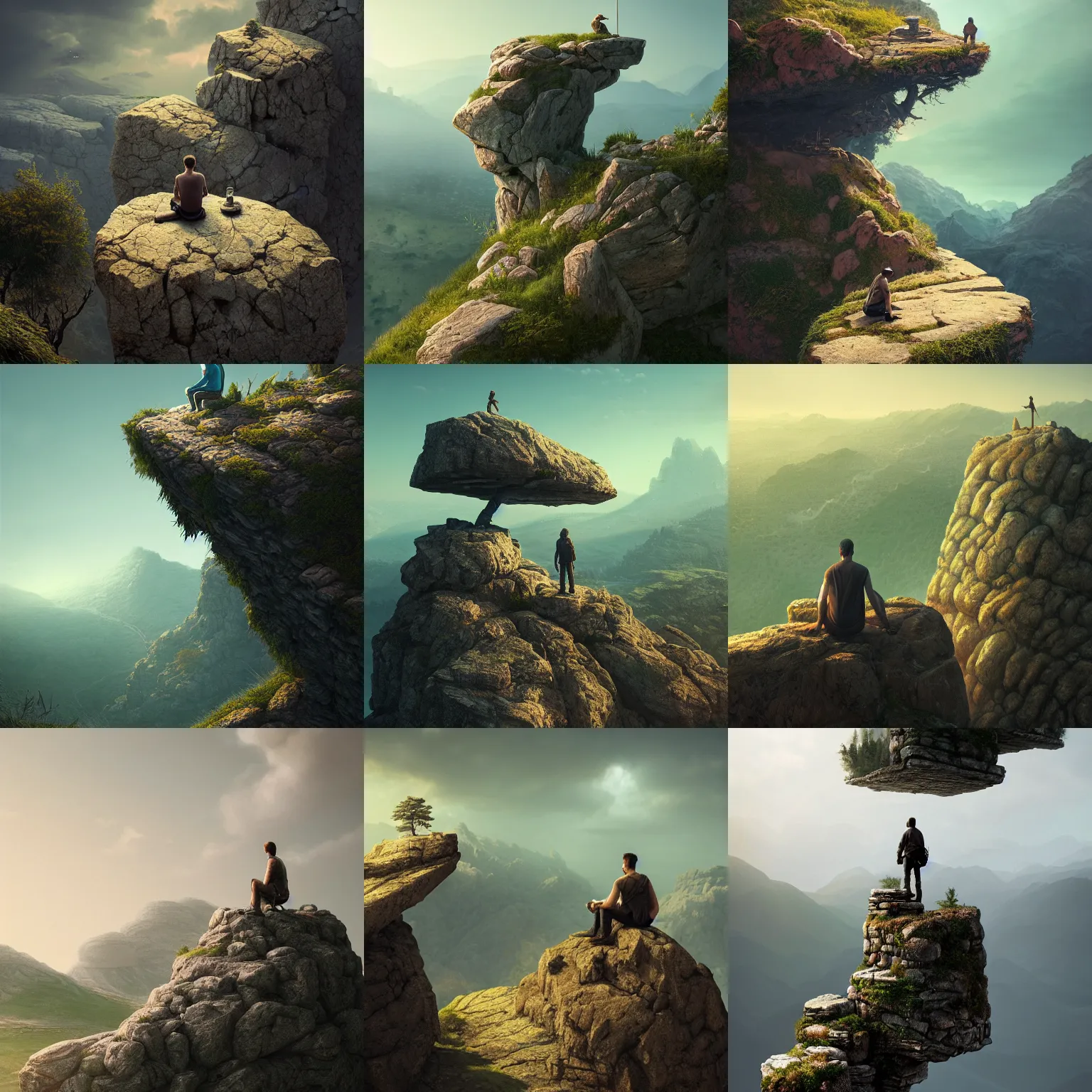 Prompt: a man sitting on top of a rock covered hillside, a detailed matte painting by filip hodas, cgsociety, fantasy art, artstation hq, # vfxfriday, dystopian art