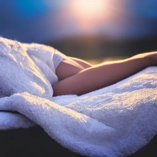 Image similar to highly detailed portrait of beautiful woman covered in white wet blanket sleeping in the clouds during sunset