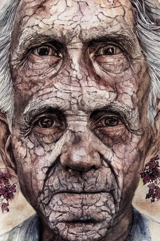 Image similar to portrait of a old man with aquarelle painted skin. trying to say something. close up. very dark brown hair, light eyes. intricate dark flowers pattern background, high detail, by Eddie Mendoza