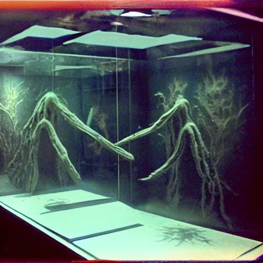 Prompt: spooky creepy liminal space, display case, aquatic exhibition science museum, dusty aquarium, computer screens, photo taken on fujifilm superia