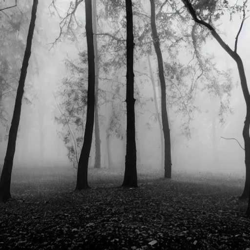 Prompt: deep misty forest with big black horned demon behind the tree, monochrome lomography