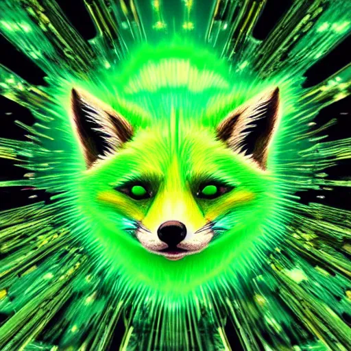 Prompt: green digital fox, green retrowave palette, green digital world, green highly detailed, green electric breeze, green anatomically correct vulpine, green synth feel, green fluffy face, green ear floof, green flowing fur, green super realism, green accurate animal imagery, green 4 k digital art