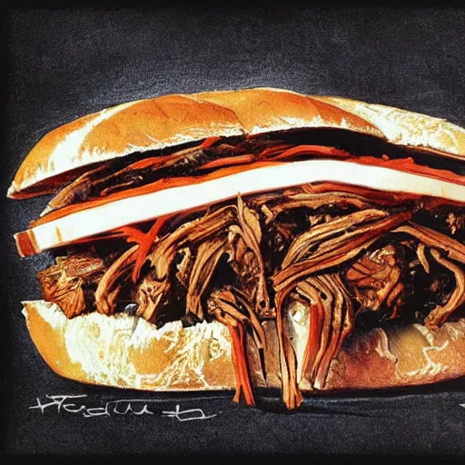 Prompt: pulled pork sandwich, artwork of h.r. giger