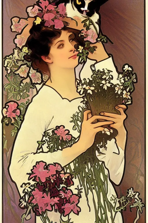 Prompt: a woman holding a cat in a floral basket, Alphonse Mucha background,