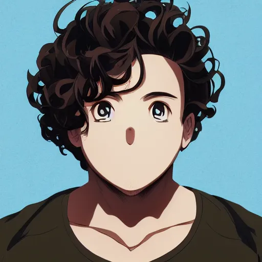 Prompt: An anime portrait of a mid-sized anime man with extremely short curly brown hair, chubby face, with a large mouth that has masculine lips, brown eyes, without glasses, wearing a t-shirt, his whole head fits in the frame, solid background, by Stanley Artgerm Lau, WLOP, Rossdraws, James Jean, Andrei Riabovitchev, Marc Simonetti, and Sakimi chan, trending on artstation