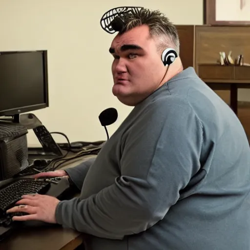 Image similar to obese Morrissey wearing a headset yelling at his monitor while playing WoW highly detailed wide angle lens 10:9 aspect ration award winning photography erasure head