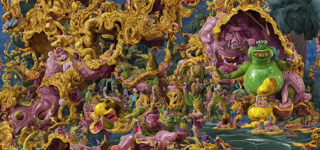 Image similar to the absolute worst, most grotesque and awful monster made of gelatinous fleshy blobs, in the style of okuda san miguel and katamari damacy. The monster is in an ornately gilded rococo art museum gallery designed by frank lloyd wright and donatello