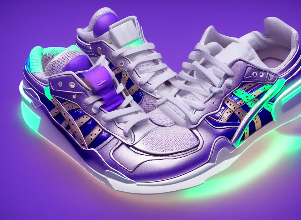 Image similar to realistic 3 d render of a futuristic sneaker, beautiful studio lighting, soft, sharp focus, neon glowing lines, intricate detail, purple and blue leather, soft white rubber, shiny plastic, hexagon mesh, gold filigree, octane render, side view, close up, trending on artstation, deviantart, nike, asics, adidas