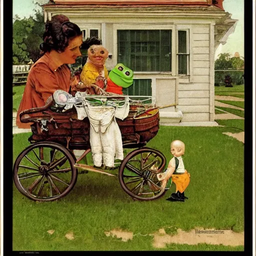 Image similar to pepe the frog with baby carriage by norman rockwell