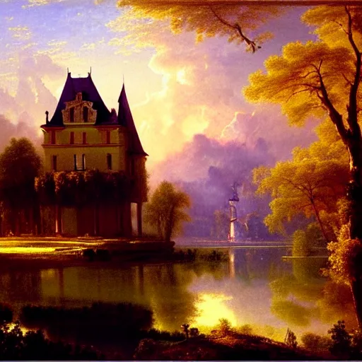 Image similar to beautiful illustration of chateau in a serene landscape, by albert bierstadt, magic realism, narrative realism, beautiful matte painting, heavenly lighting, retrowave, 4 k hd wallpaper