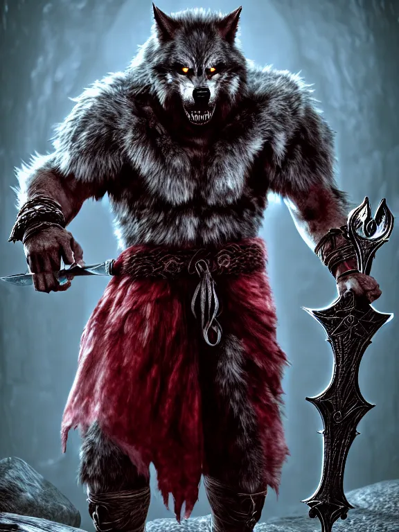 Prompt: cute handsome cuddly burly surly relaxed calm timid werewolf from van helsing holding a sword unreal engine hyperreallistic render 8k character concept art masterpiece screenshot from the video game the Elder Scrolls V: Skyrim deep vibrant scarlet crimson red