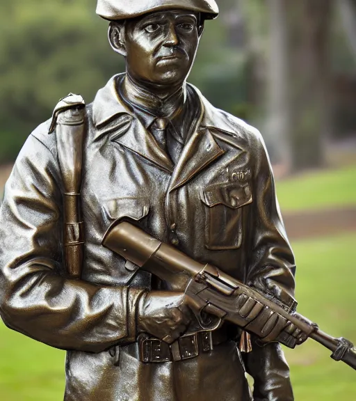Image similar to a 4 k photorealistic photo medium shot waist up of a bronze statue of an american soldier with a rifle across his chest in a park