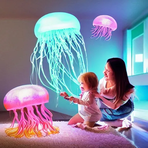 Image similar to “ cute alien floating jellyfish pet, made of electricity jelly and computer circuits, playing with adorable toddler girl, in a futuristic log cabin living room ”