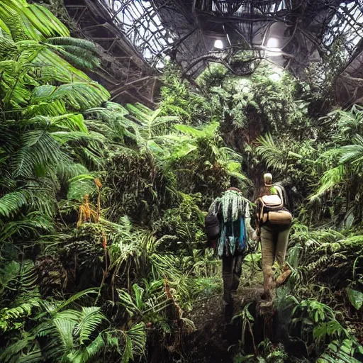 Prompt: interior shot of a lush jungle with two steam punk explorers navigating the harsh terrain,