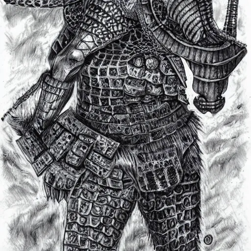 Image similar to anthro crocodile crocman wearing tribal armor, artwork by kentaro miura, crocodile man, kentaro miura art