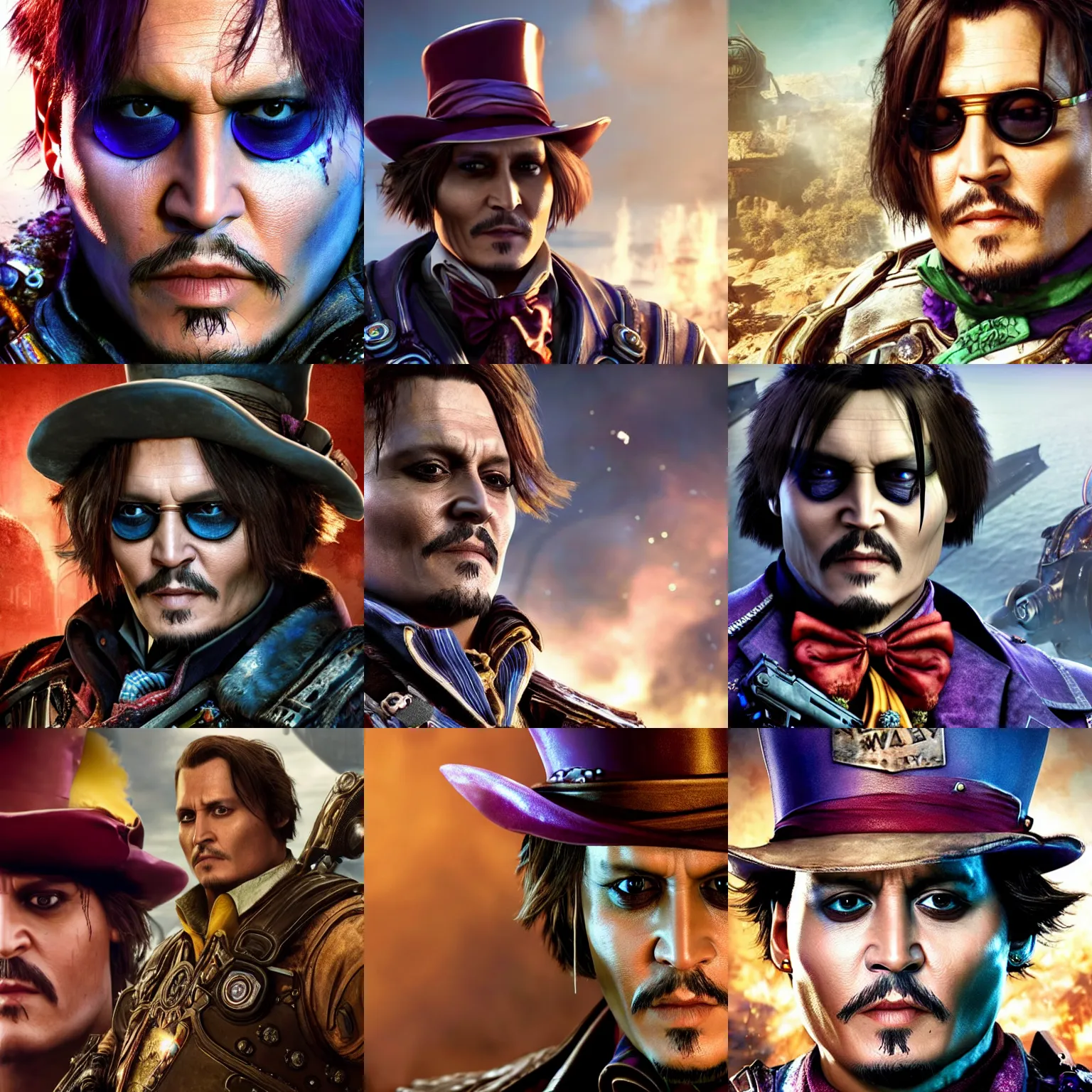 Prompt: johnny depp as willy wonka in gears of war, splash art, movie still, detailed face, photorealistic facial features, cinematic lighting, dramatic, octane render, long lens, shallow depth of field, bokeh, anamorphic lens flare, 8k, hyper detailed, 35mm film grain