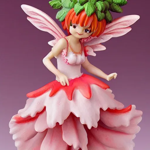 Prompt: a femo figurine of a cute funny strawberry fairy with a frilly floral dress